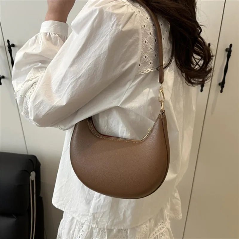 Minimalist Brown Crescent Underarm Bag Soft Leather Shoulder Purse Detachable Strapfor Woman Daily