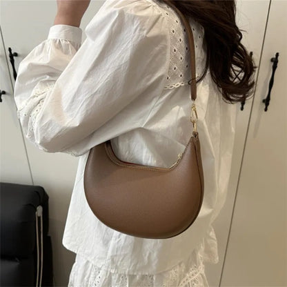 Minimalist Brown Crescent Underarm Bag Soft Leather Shoulder Purse Detachable Strapfor Woman Daily
