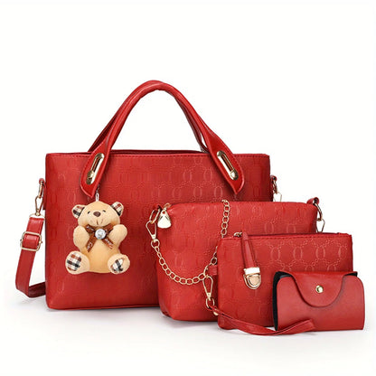 4-Piece Women's Geometric Pattern Handbag Set with Crossbody & Clutch