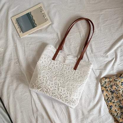 Floral Lace Tote Bag with Leather Handles & Magnetic Closure