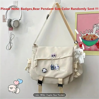 Kawaii Pins Decor Messenger Bag Release Buckle Decor Flap Crossbody Bag Large Capacity School Bag