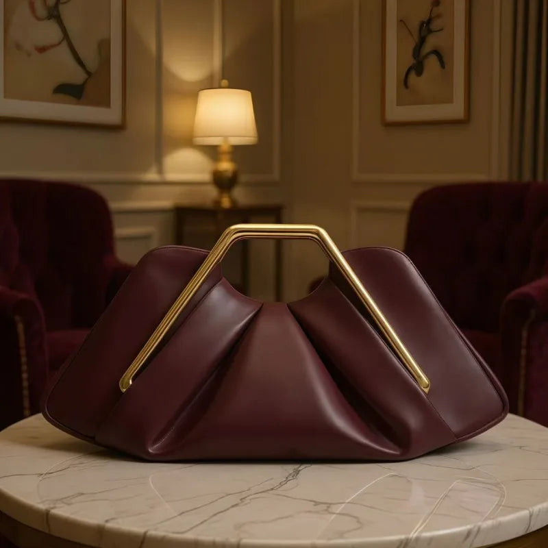 Elegant Pleated Leather Clutch Bag Luxury Gold Metal Frame Handbag Vintage Evening Party Purse