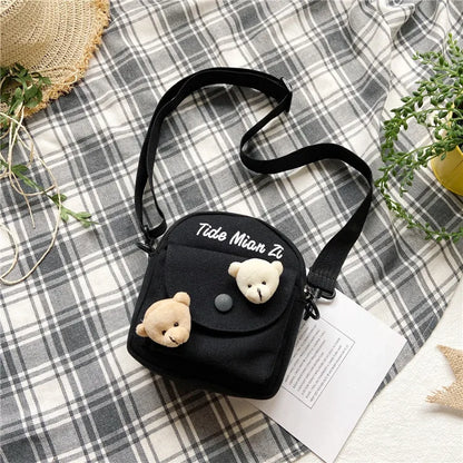 Mini Canvas Crossbody Bag – Cute Bear Plush Charm Shoulder Bag