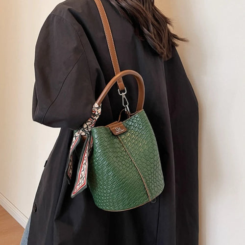 Crocodile Embossed Crossbody Bag with Silk Scarf & Top Handle