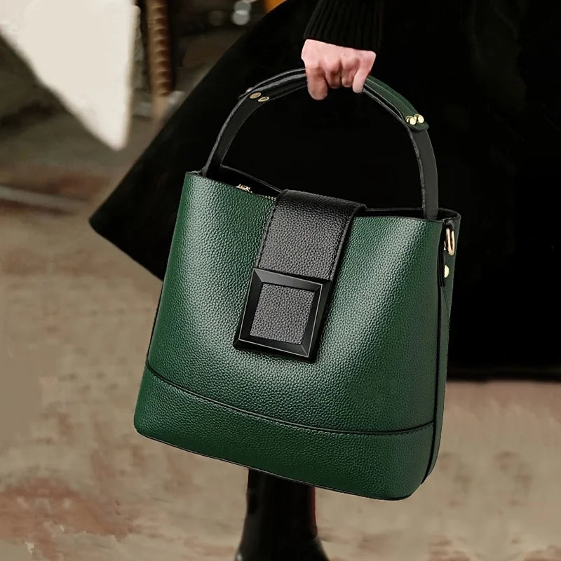 Elegant Solid Color Bucket Bag Adjustable Shoulder Strap Versatile Crossbody Handbag Women