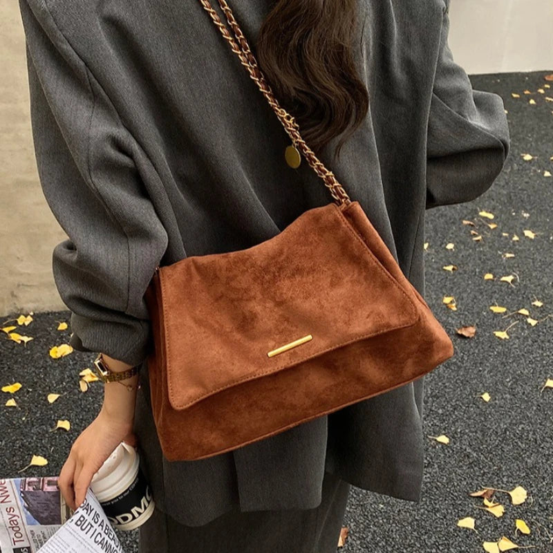 Suede Flap Crossbody Bag – Gold Bar Accent Double Chain Shoulder Purse