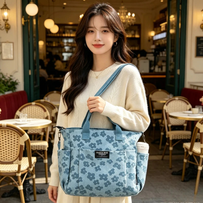 Floral Print Canvas Tote Bag Multi Pocket Design Detachable Wide