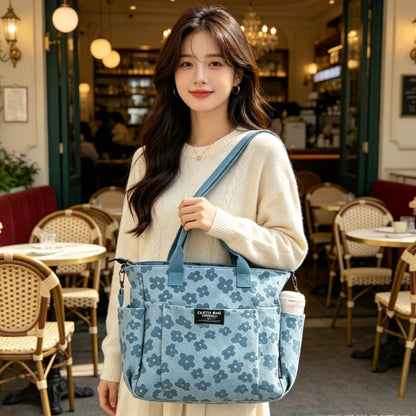 Floral Print Canvas Tote Bag Multi Pocket Design Detachable Wide