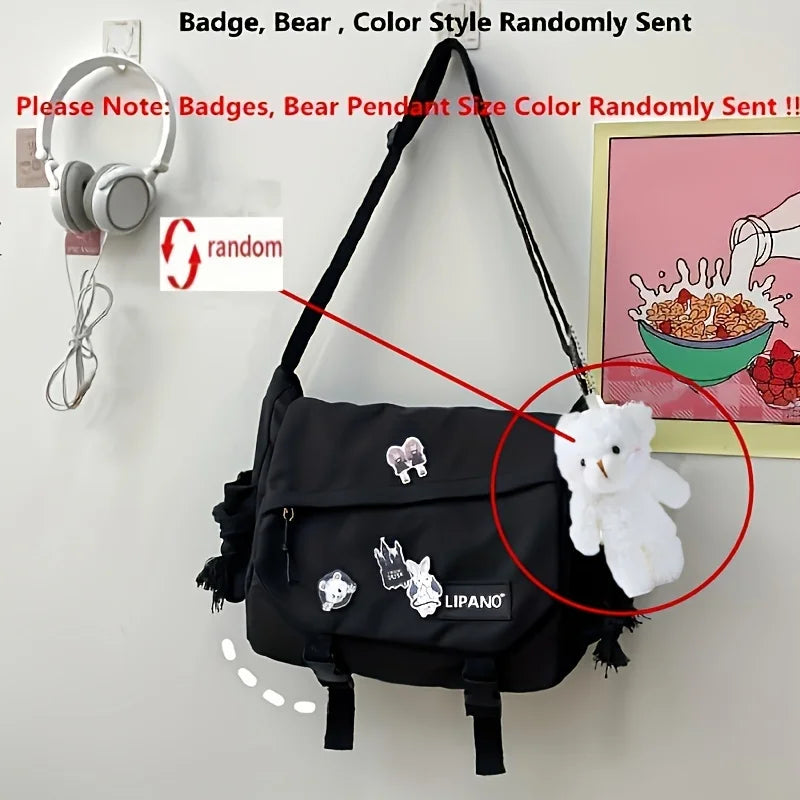 Kawaii Crossbody Messenger Bag with Badge Pins & Bear Pendant