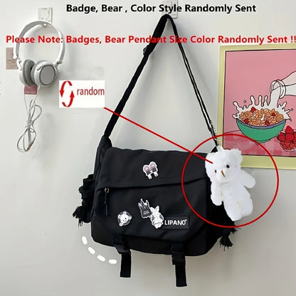 Kawaii Crossbody Messenger Bag with Badge Pins & Bear Pendant