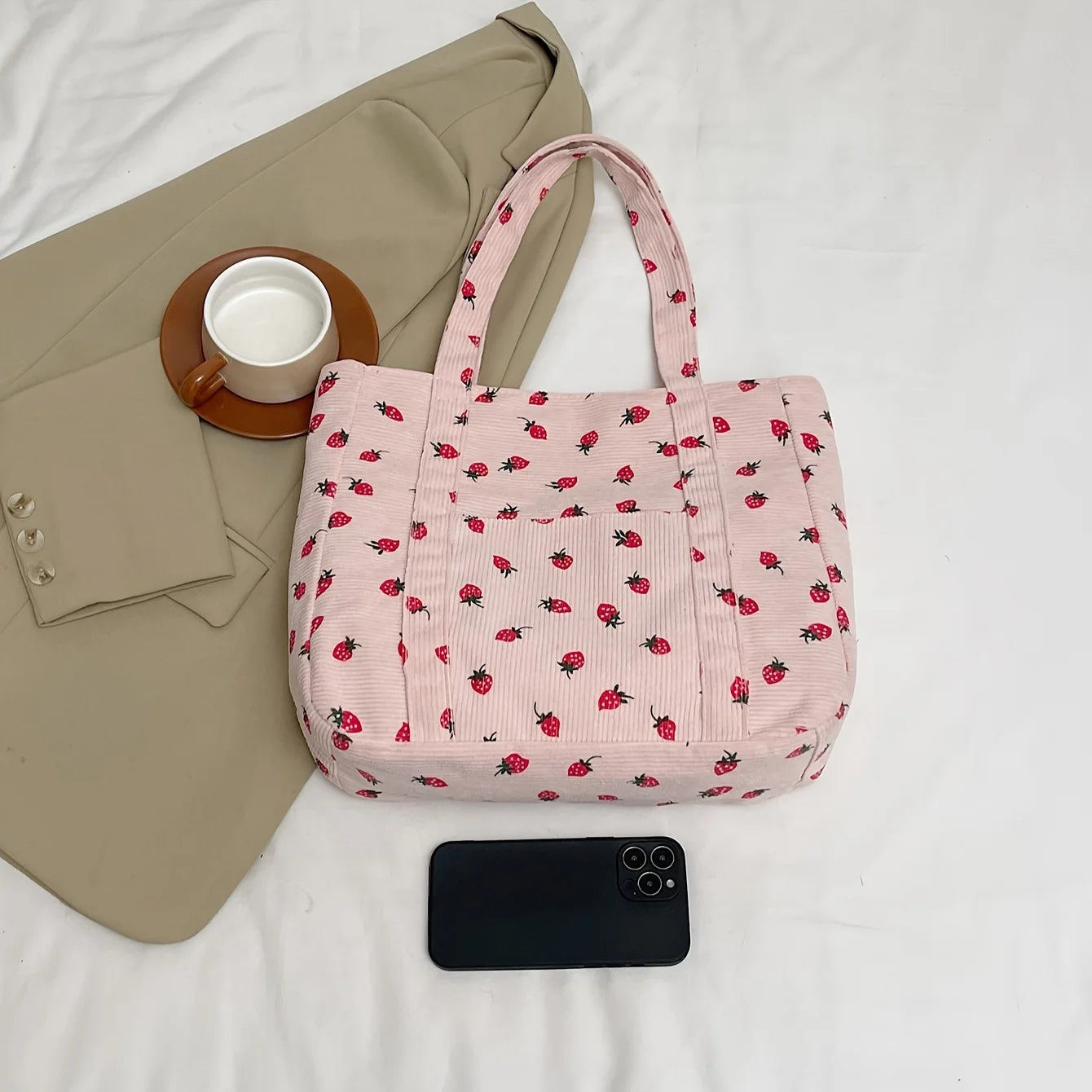 Chic Pink Strawberry Pattern Corduroy Tote Bag Women Work Shopping Handbag Shoulder