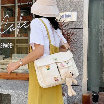 Cute Canvas Crossbody Bag for Women with Cartoon Badge Pins