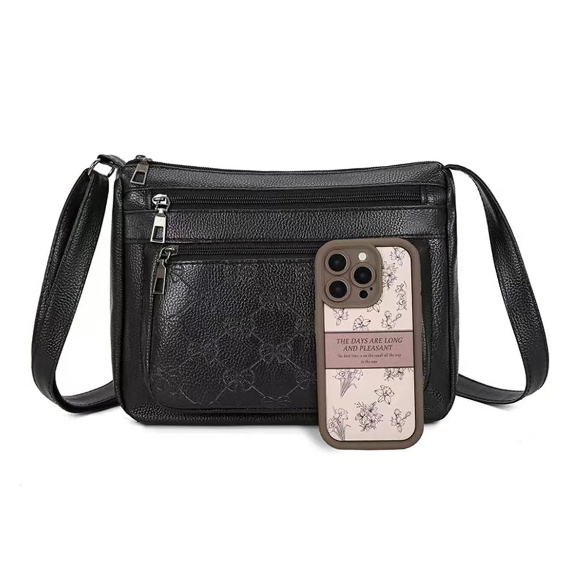 Business Unisex Solid Shoulder Bag Pu Bow Embossed Multi Pocket Storage Adjustable Strap Function