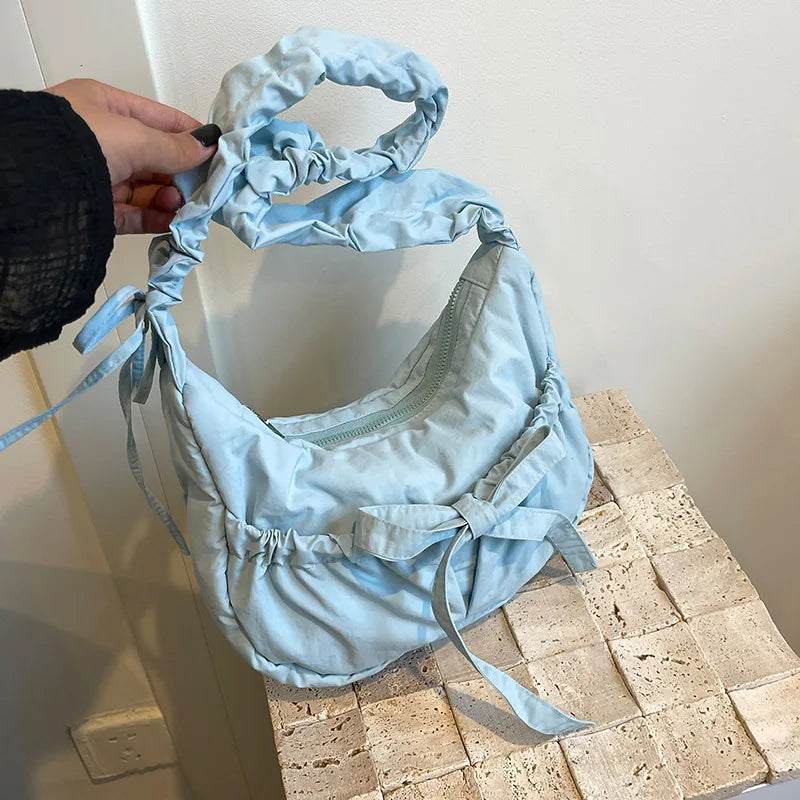 Padded Noodle Tote Bag – Bow Drawstring Ruched Shoulder Purse