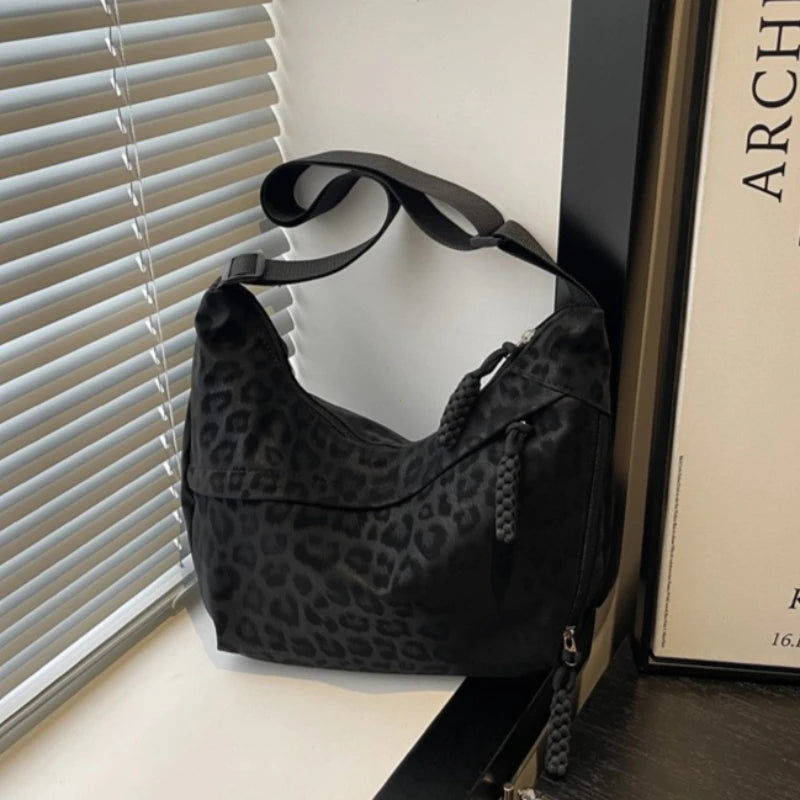 Women Leopard Print Crossbody Bag Large Capacity Hobo Shoulder Daily Commuter Multi Pocket Armpit