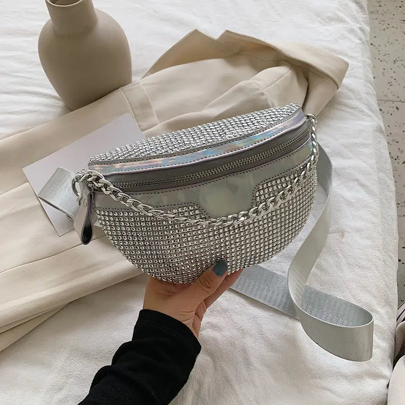 Chic Women Bling Rhinestone Fanny Pack Wide Strap Sling Crossbody Bag Sparkly Diamond Waist Purse