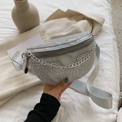Chic Women Bling Rhinestone Fanny Pack Wide Strap Sling Crossbody Bag Sparkly Diamond Waist Purse