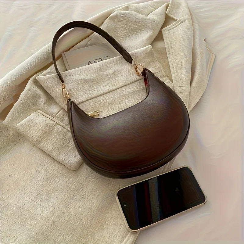 Vintage Tote Bag – Retro Half Moon PU Leather Shoulder Handbag with Detachable Strap