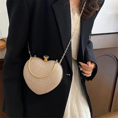 Heart Shaped Evening Bag for Women – Glitter Clutch Purse with Chain