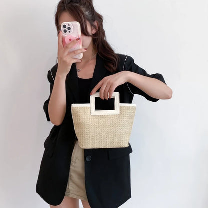 Straw Woven Mini Tote Bag – Square Handle Women's Holiday Handbag