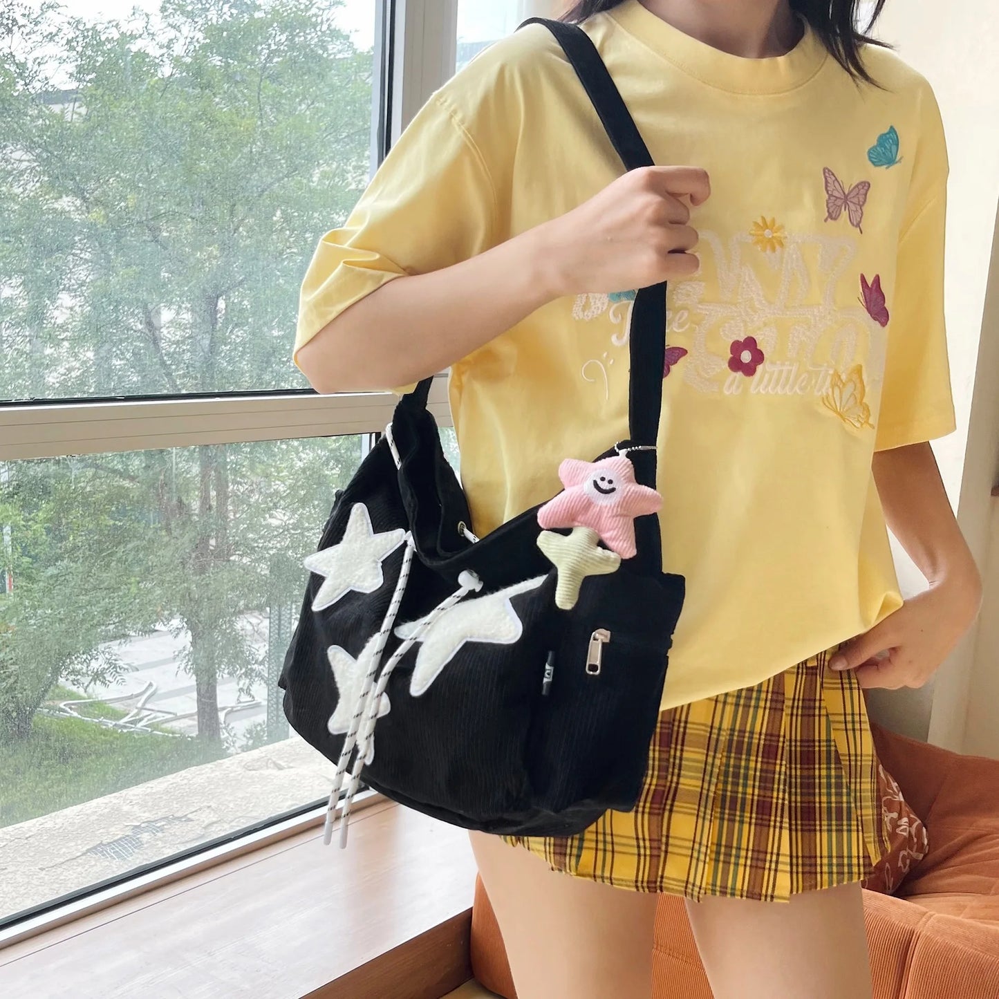 Y2K Corduroy Star Tote Bag with Plush Star Decor