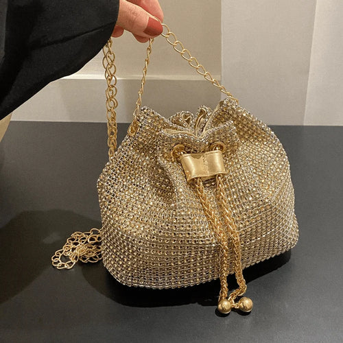 Gold Rhinestone Large Capacity Tote Bag Sparkly Drawstring Crossbody Purse Gold Chain Strap Party