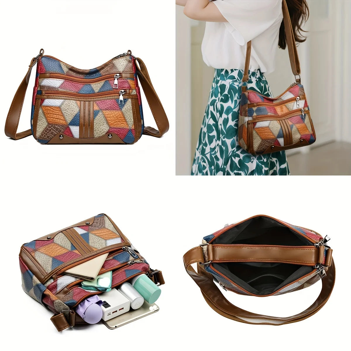 Geometric Patchwork Crossbody Bag for Women – Multi-Color