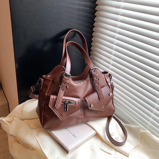 Y2k Retro Women Shoulder Bag Solid Multi Pocket Tote Large Capacity Pu Adjustable Strap Crossbody