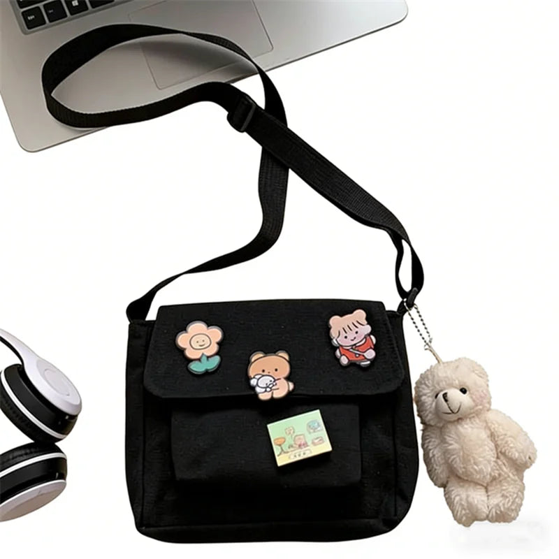 Cute Canvas Crossbody Bag with Pins – Lightweight Shoulder Bag for Women