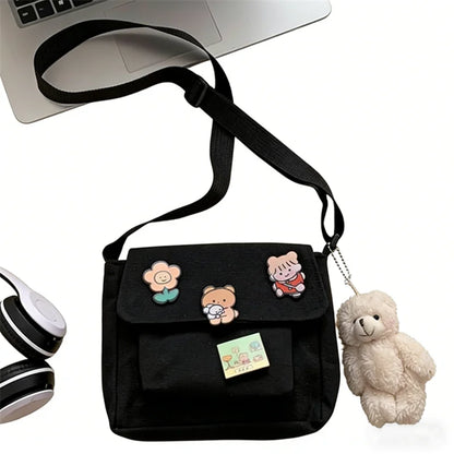 Cute Canvas Crossbody Bag with Pins – Lightweight Shoulder Bag for Women