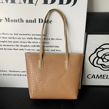 Retro Trendy Women Tote Bag Solid Color Glossy Pu Handbags Woven Texture Large Capacity Shopping