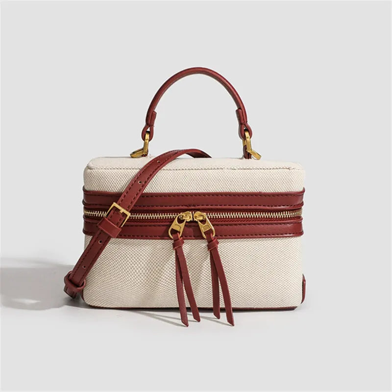Canvas & Leather Box Bag – Retro Crossbody Tote for Women