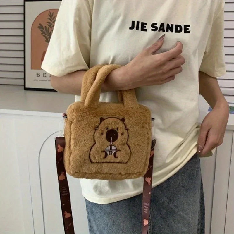 Capybara Plush Crossbody Bag – Cute Fluffy Animal Handbag for Women
