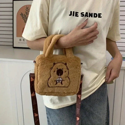 Capybara Plush Crossbody Bag – Cute Fluffy Animal Handbag for Women