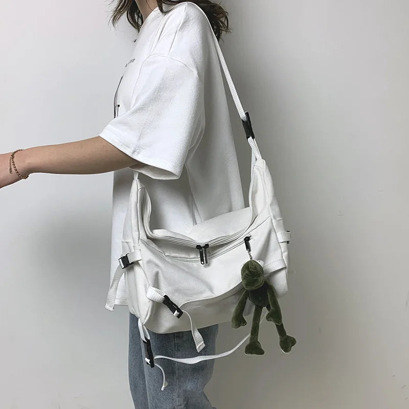 Canvas Crossbody Bag with Plush Pendant – Large Capacity Women's Shoulder Bag
