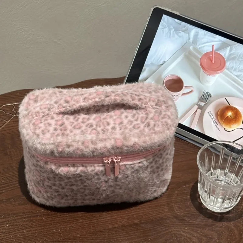 Ladies Cosmetic Bag Plush Leopard Cute Kawaii Makeup Hand-Held Large Capacity Multifunctional