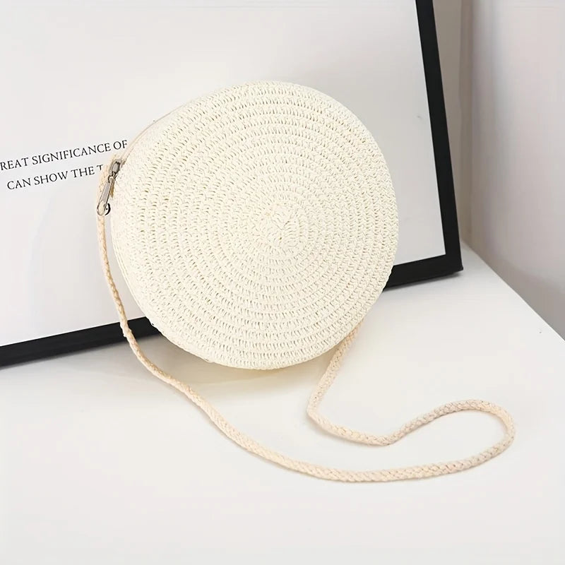 Round Woven Straw Crossbody Bag for Women – Boho Chic