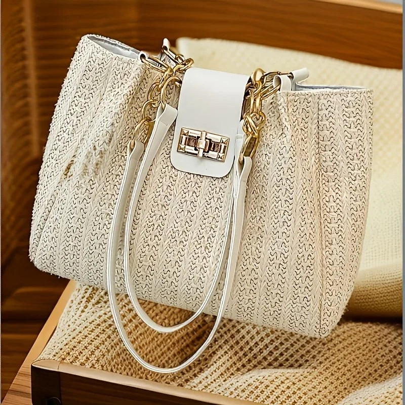 Straw Woven Tote Bag with Chain Leather Strap for Women
