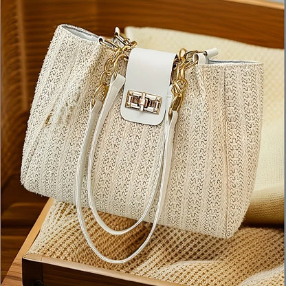 Straw Woven Tote Bag with Chain Leather Strap for Women