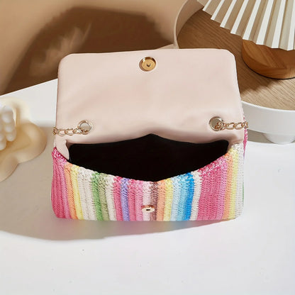 Rainbow Stripe Straw Crossbody Bag – Chain Strap & Tassel