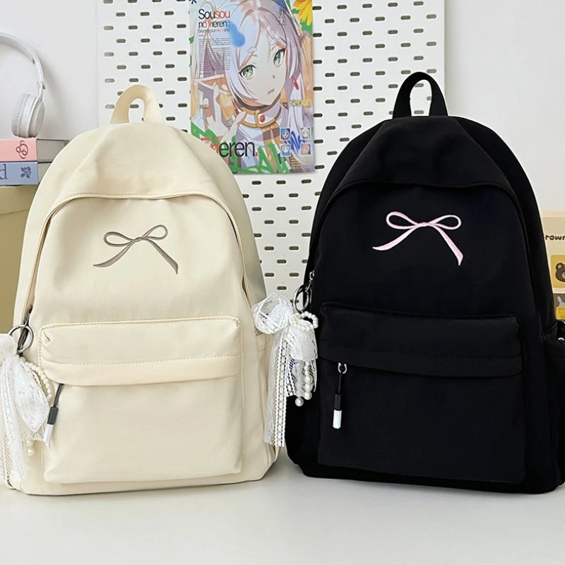 Portable Embroidered Bow Girls Backpack Solid Color Nylon Students Schoolbag Lightweight Large