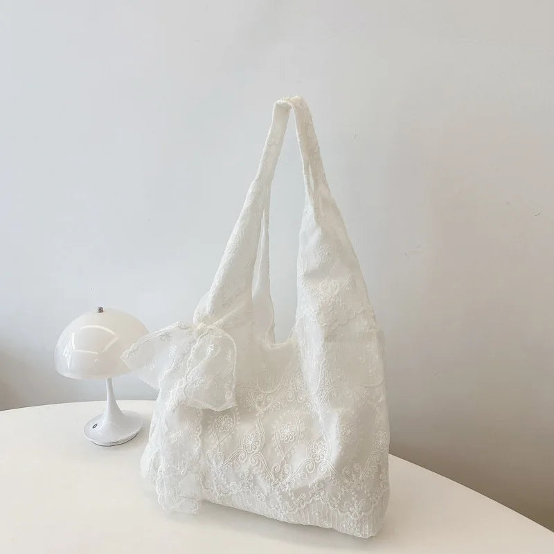 Floral Lace Tote Bag for Women – Soft White Shoulder Bag with Bow
