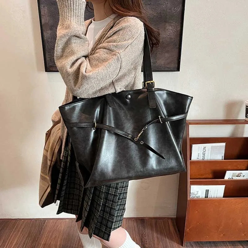 Women S Vintage Large Capacity Pu Leather Tote Bag Metal Buckle Strap Accents Top - Handle Shoulder