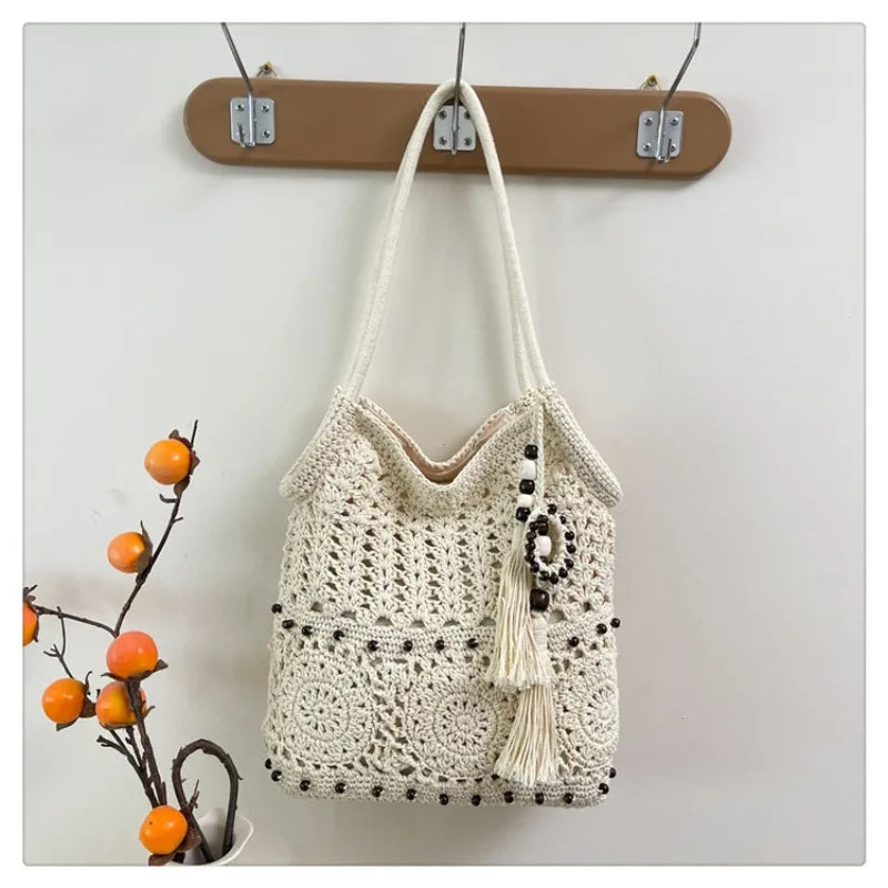 Crochet Tote Bag Women White Openwork Knit Purse Bead Fringe Charm Adjustable Long Straps Boho Beach