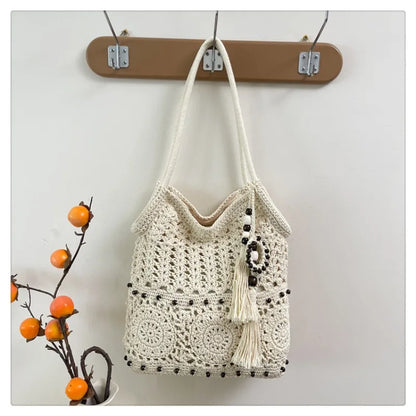 Crochet Tote Bag Women White Openwork Knit Purse Bead Fringe Charm Adjustable Long Straps Boho Beach