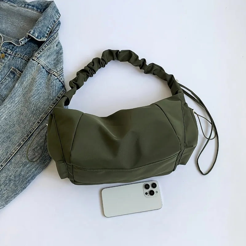 Nylon Ruched Shoulder Bag for Women – Multi-Pocket Hobo