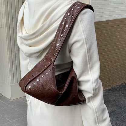 Motorcycle Style Shoulder Bags Rivet Soft Leather Womens Bag Large Capacity Casual Shouder Crossbody