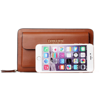 Commuter Male Business Double Zipper Handhold Soft Leather Long Large Capacity Mobile Phone Wallet