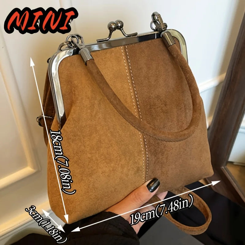 Vintage Suede Crossbody Bag with Kiss-Lock Closure