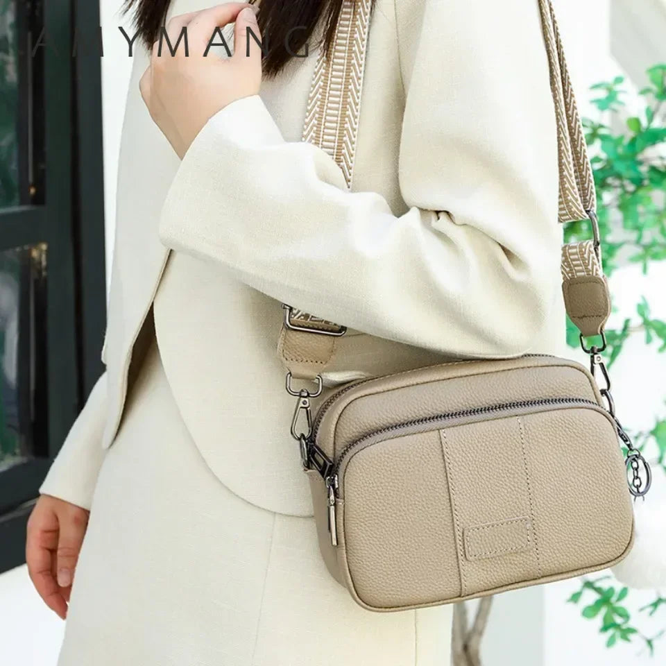 Genuine Leather Women's Crossbody Bag with Fur Charm